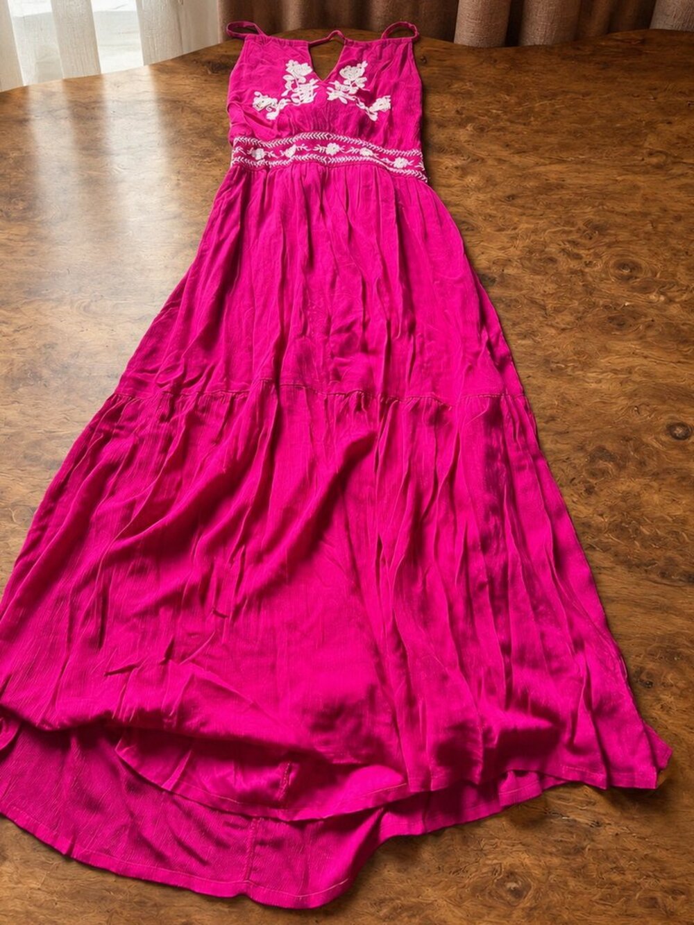 En Creme Magenta Pink Embroidered High Low Maxi Dress